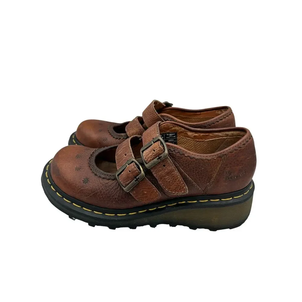 RARE Vtg Dr. Martens Women's 9Brown Leather Daisy Flower ShoesChunky Mary Jane - Picture 3 of 11